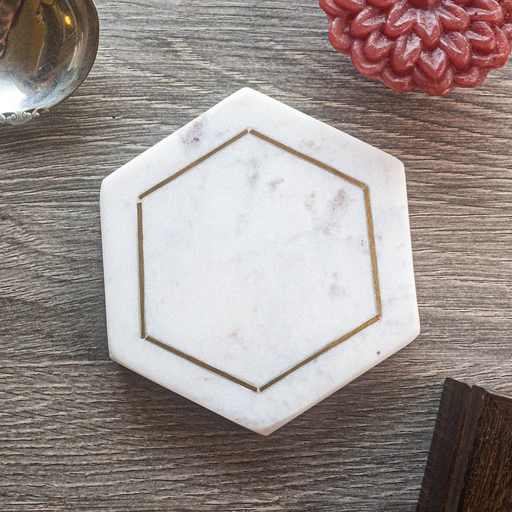Marble Hexagon Inlay Coasters - Set of 4